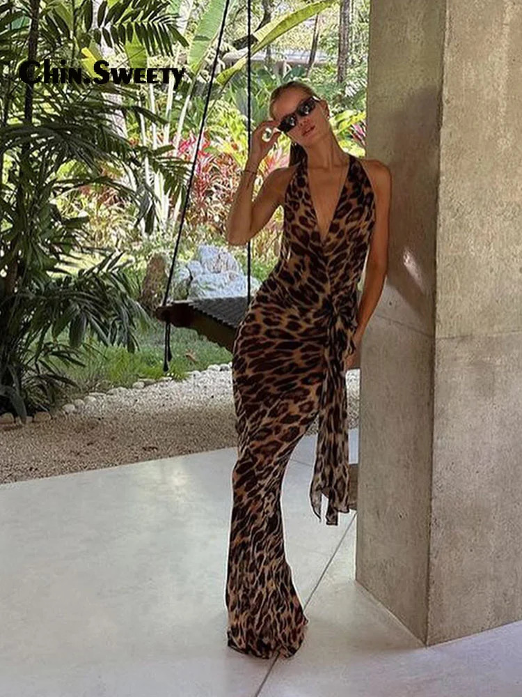 Elegant Leopard strap long dress suitable for women sexy and soft shoulder tight fitting clothes womens casual vacation beach party dress 240430