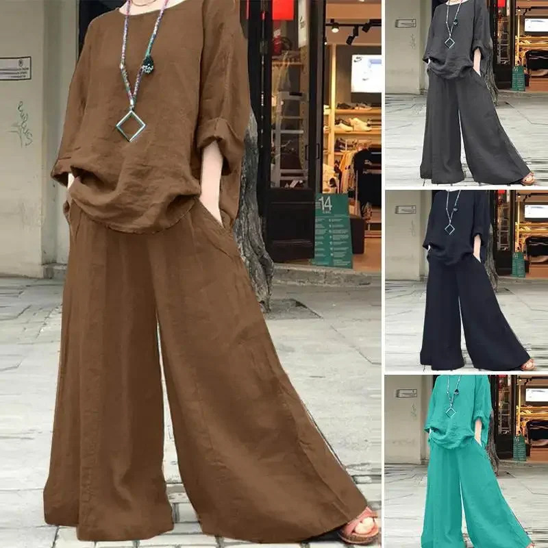 Female Suit Spring Summer Long Sleeve Oneck Top And Wide Leg Pant Two Piece Sets Fashion Casual Loose Solid For Women 240423