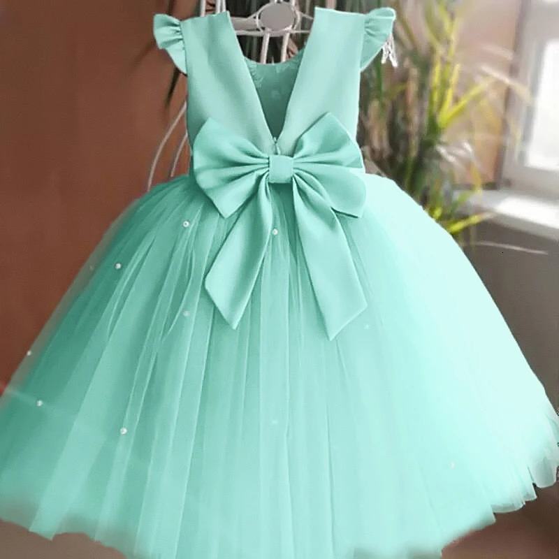 Summer Girls Lace Dresses For Kids 15 Year Flower Birthday Tulle Dress Backless Bow Princess Wedding Gown Party Wear Child 240420