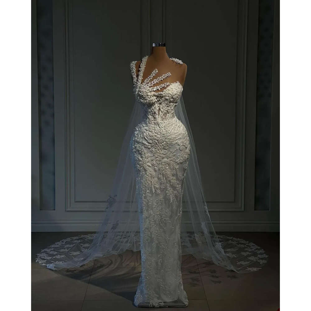 Deco Inspired Wedding Dresses Glamorous Mermaid Neck Art Pearls High Waist Applicants Backless Floor Length Custom Made Plus Size Vestidos De Novia