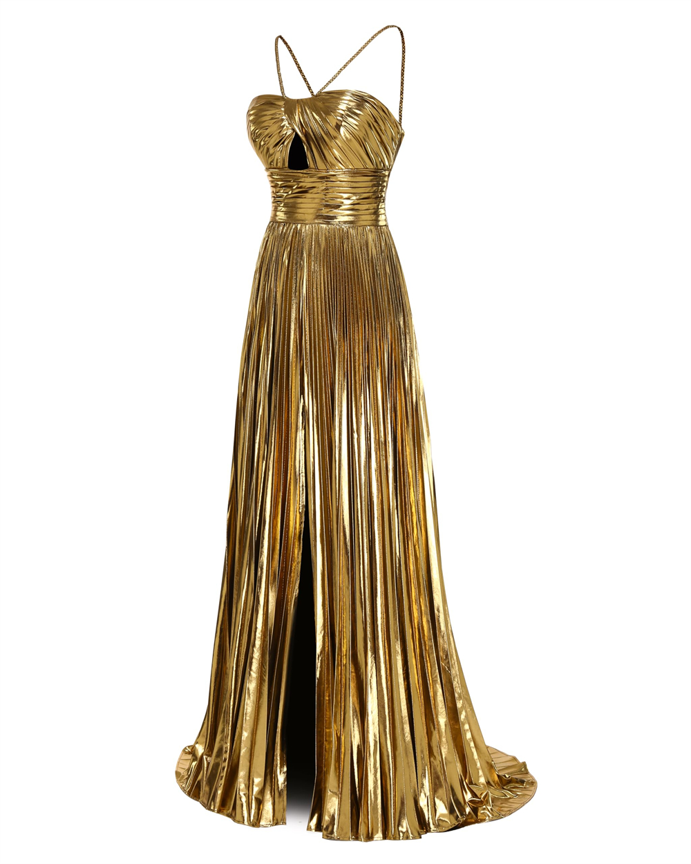 Spaghetti Long Prom Dresses Gold Split Satin Pleats A-Line Sexy Backless Plus Size Formal Occasion Evening Party Gown Pd19