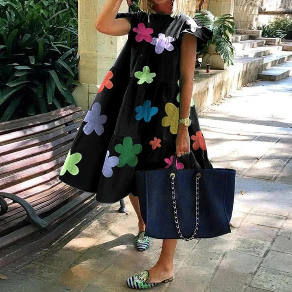 Plus Size Dress for Women Summer Pullover Sexy Bodycon Elegant Oversize Short Skirt Printing Holiday Loose Female 240420