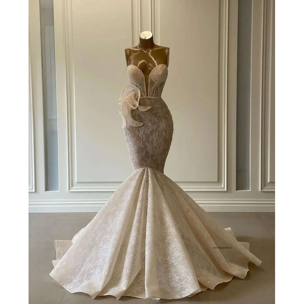 Elegant Mermaid Prom Dresses Sleeveless Deep V Neck Strapless Appliques Sequins Bed 3D Lace Holloq Floor Length Evening Dress Bridal Gowns Plus Size C