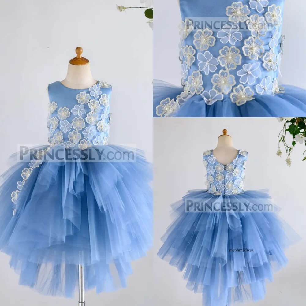 Modest Ball Gown Girl Spaghetti Sleeveless Tulle Lace Hand Made Flower Tiers Wedding Dress Knee Length Girl's Birthday Part 0431