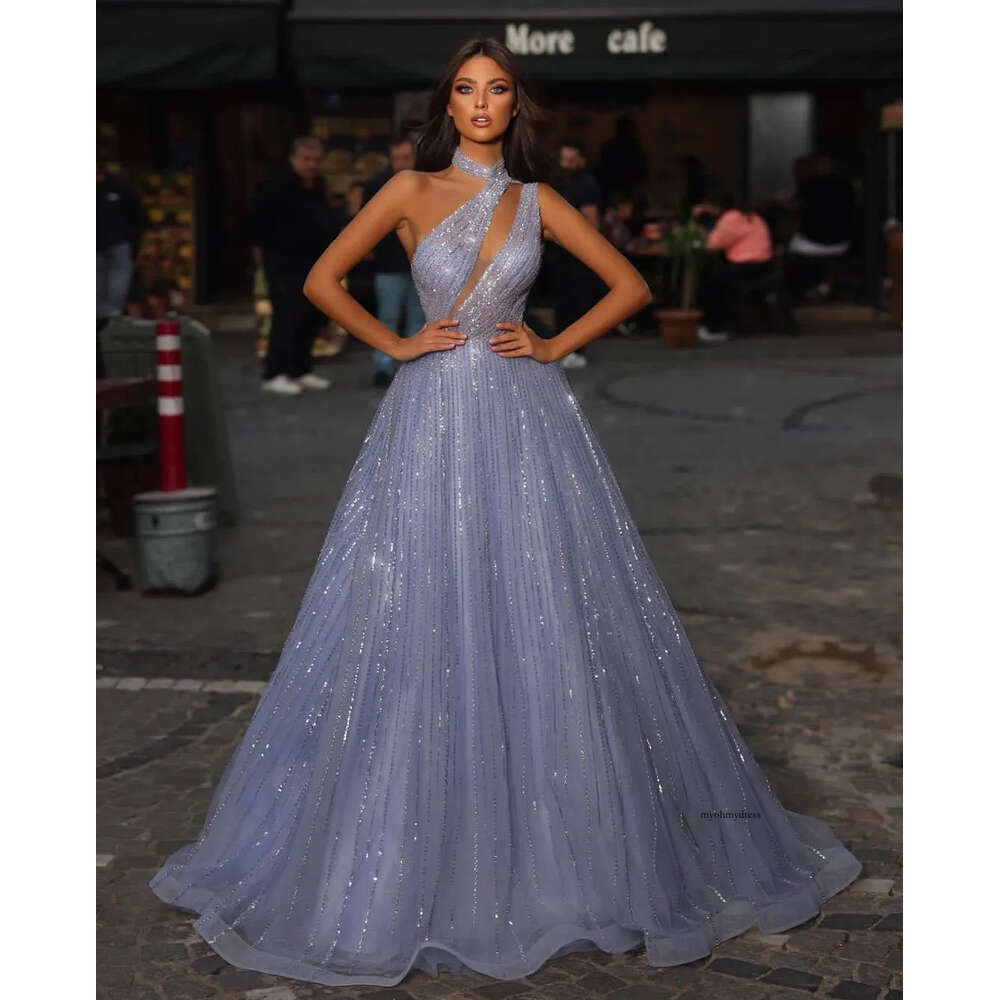 Sparkly Mermaid Prom Dresses Sleeveless V Neck Halter Appliques Sequins Beaded Floor Length Lace-Up 3D Lace Ruffles Evening Dress Plus Size Bridal Gow