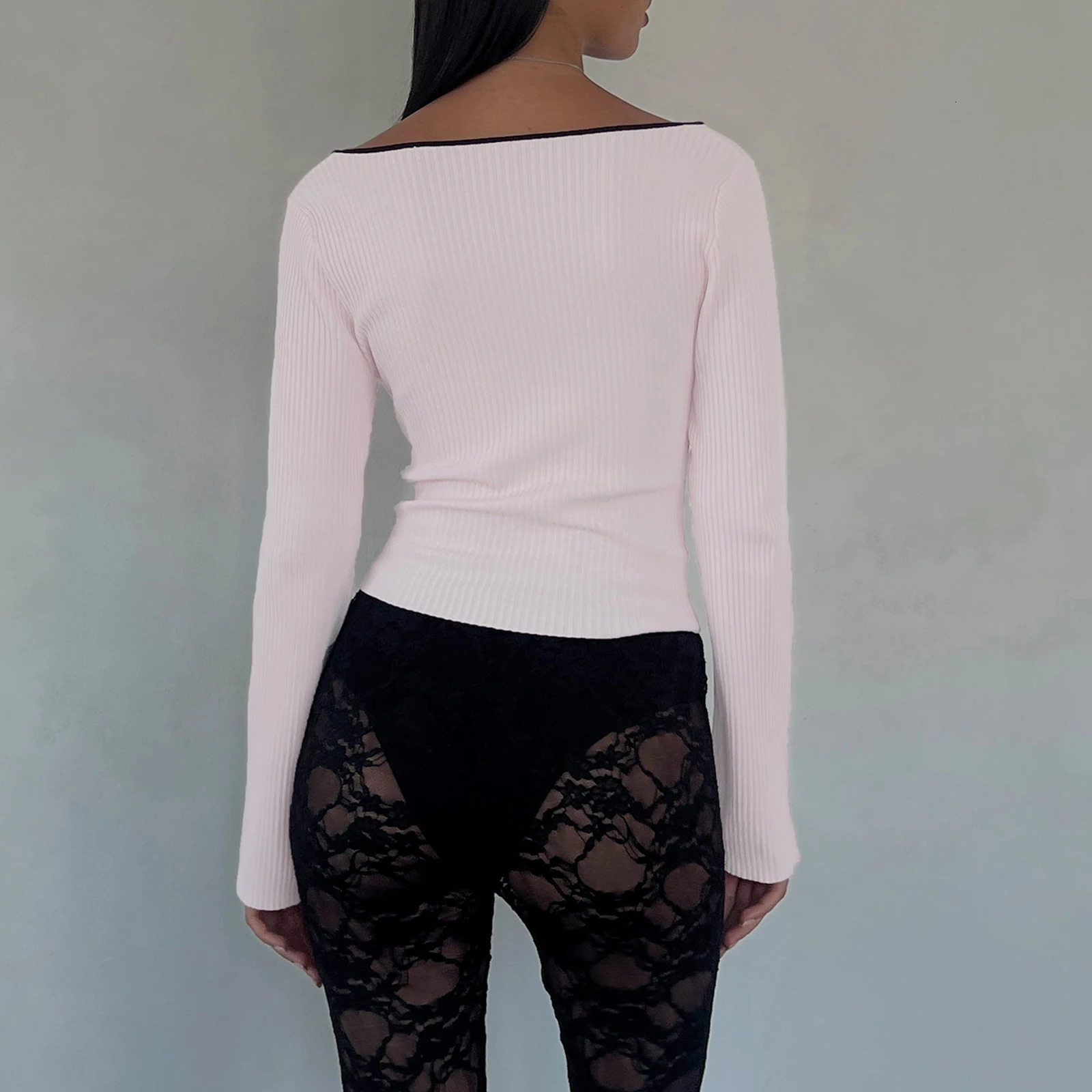 Gao Nuo Pink Knitted Crop Top Lace up Bow Square Neckline Full Set Knitted T-shirt 240426