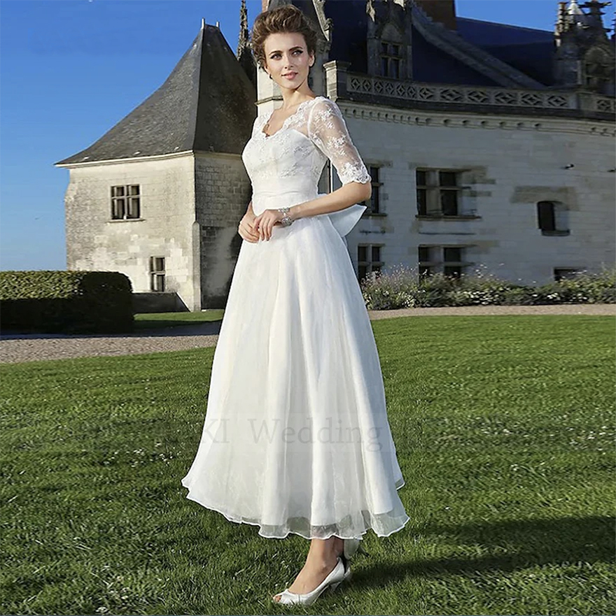 Vestidos De Novia Elegant Boho Lace Short Wedding Dress 2024 for Women Applique Half Sleeve Ankle Length Bridal Gown Robe Mariee