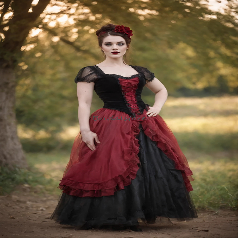 Gothic Medieval Victorian Wedding Dresses 2024 Black With Red Contrast Colored Aesthetic Short Sleeves Ruffles Renaissance 1950s Bridal Gowns Elvish R