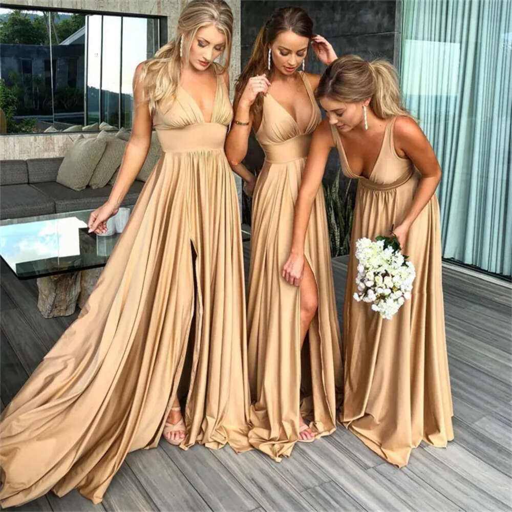 Dresses Gold 2018 Deep Cheap Bridesmaid New V Neck Side Split Sweep Train Maid Of Honor Dress 0510
