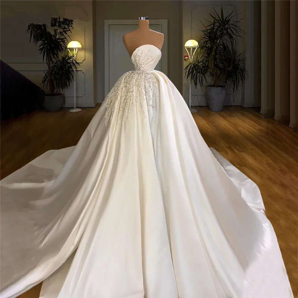Pearls Dresses Satin Gorgeous Crystal Muslim Wedding Customized Dubai Arabic Bridal Gowns Vestido De Noiva Sweep Train Bride Dress