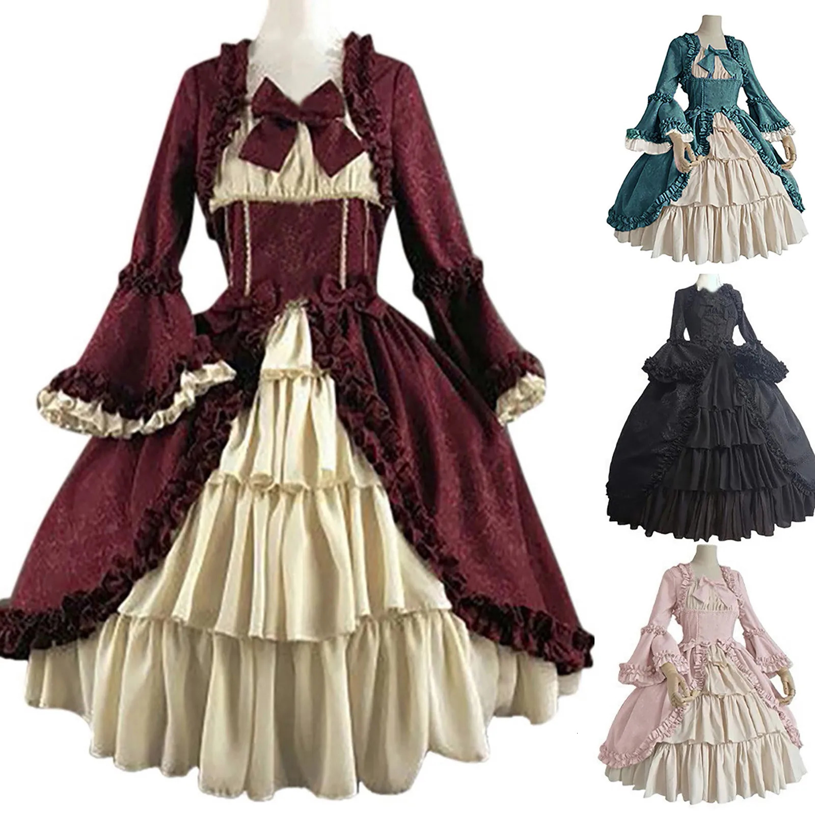 Elegant Medieval Dress Retro Gothiced Court Lolita Dress Ball Dress Square Neck Tight Waist Bowknot Women Patchwork Bow Dress 240423