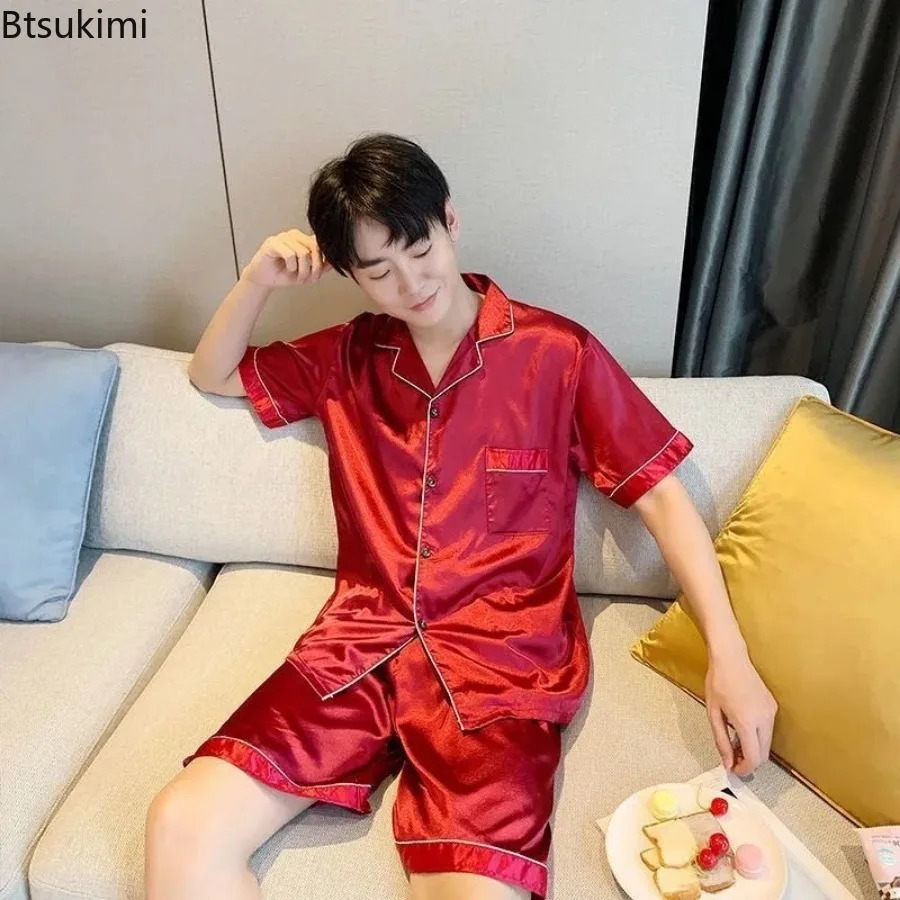 2024 Mens Casual Sleepwear Sets Silk Satin Pajamas Pants Set Button-Down Pyjamas Suit Pijama Male Loungewear Plus Size Pj Set 240428