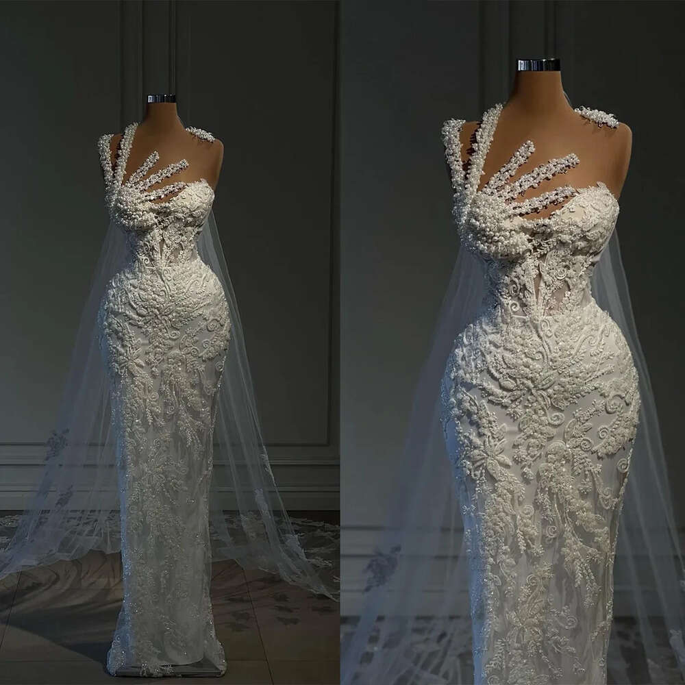 Deco Inspired Wedding Dresses Glamorous Mermaid Neck Art Pearls High Waist Applicants Backless Floor Length Custom Made Plus Size Vestidos De Novia