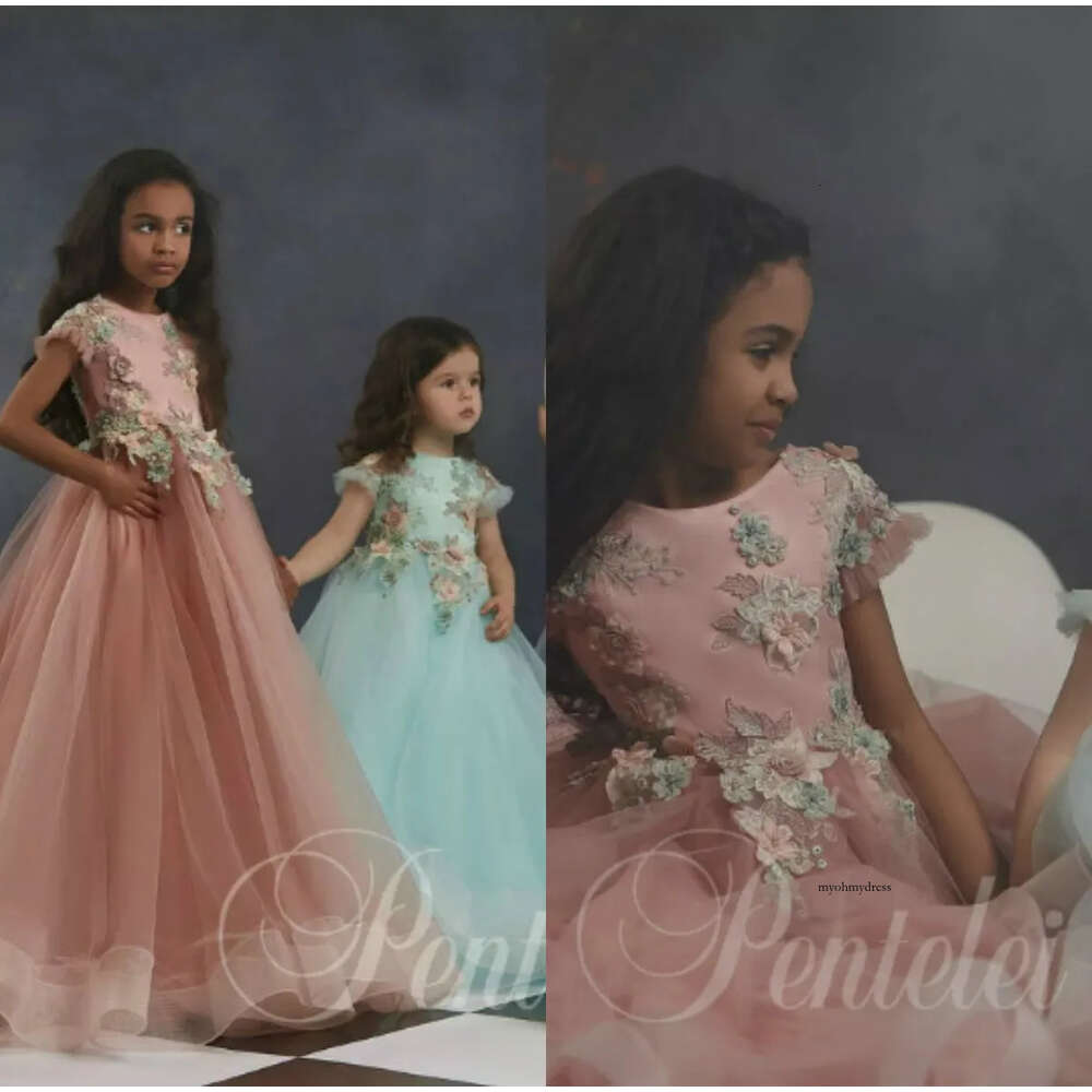 Dreamly A Line Girl Dresses Jewel Short Sleeve Lace Applique Hand Made Flower Pageant Dress Floor Length Girl's Birthday Part 0431