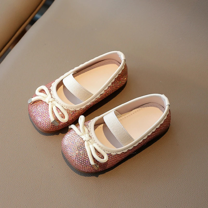 Girls Flat Shoes Sequins Bowknot Elastic Band Four Seasons Children Princess Shoe Square Toe 21-35 Six Colors Lovely Kids Shoe 240506