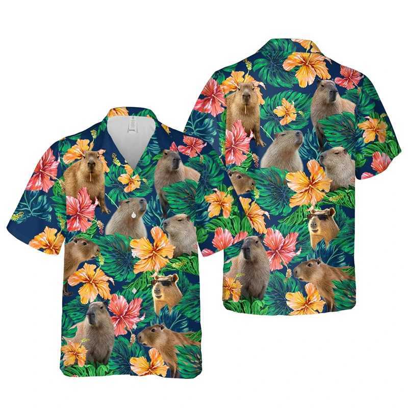 Men's Casual Shirts Capybara Hibicus Flower 3D Printed Shirts For Men Clothes Hawaiian Beach Shirt Casual Cute Animal Short Slve Women Blouses To