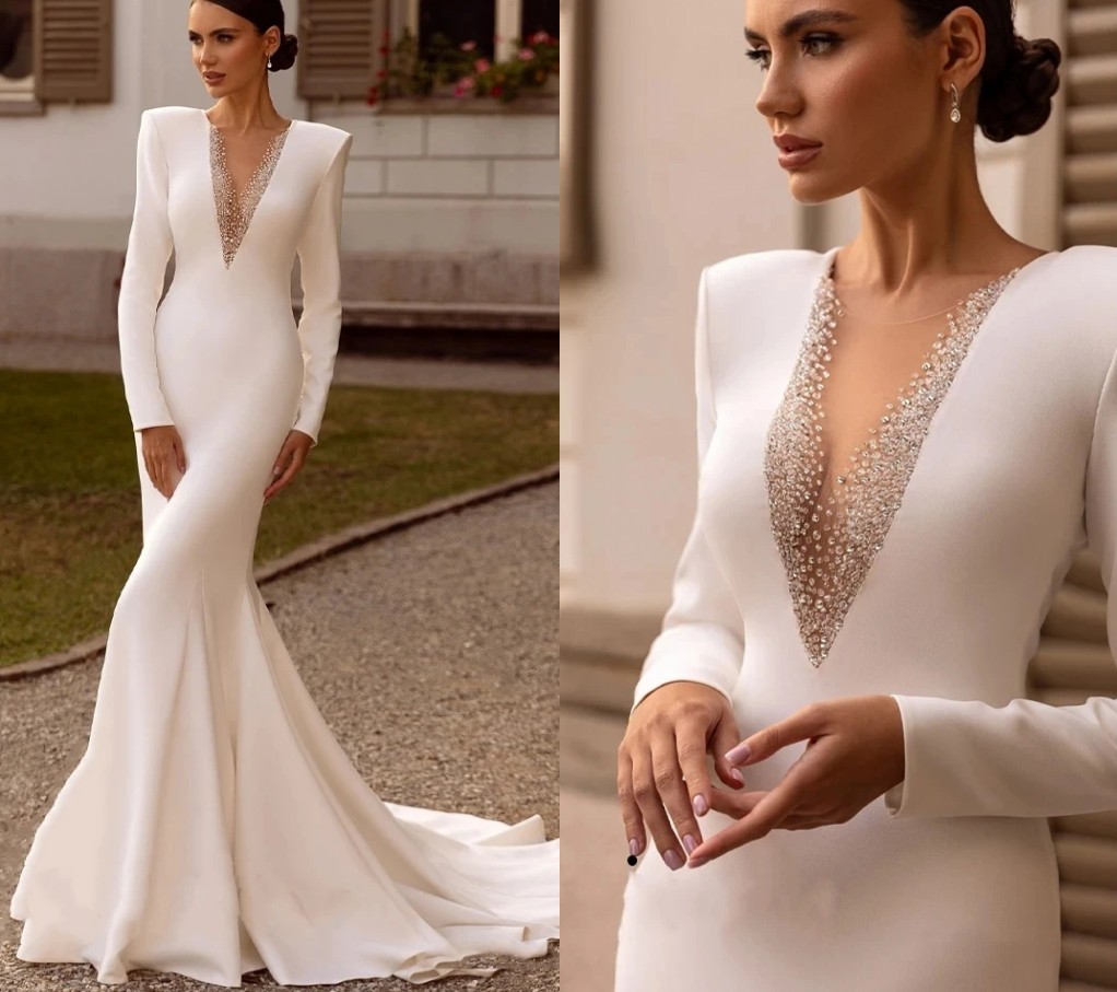 2024 Elegant Satin Mermaid Wedding Dress Deep V-Neck Long Sleevev Beads Crystal Illusion Buttons Back Bride Formal Gowns Vestidos De Noivas
