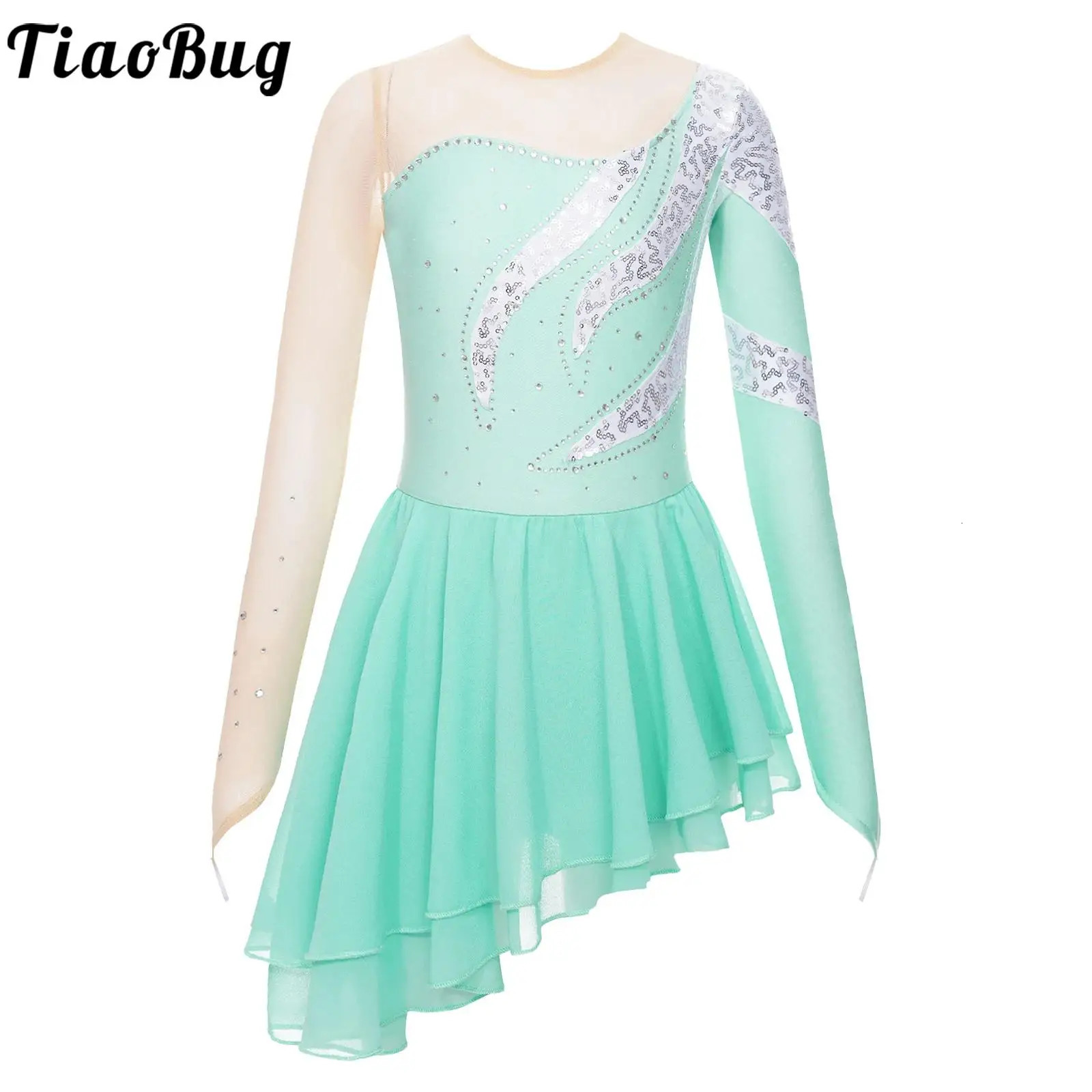 Kids Girls Figure Ice Skating Dress Long Sleeve Floral Sequin Tutu Ballet Gymnastics Leotards Stage Performance Costume 240420