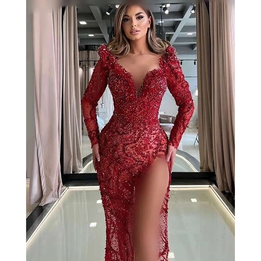 Mermaid Dresses Long V-Neck Sleeves Attractive Wedding Appliques Beads Side Split Extra Custom Made Plus Size Bridal Gown Vestidos De Novia 0227Lz