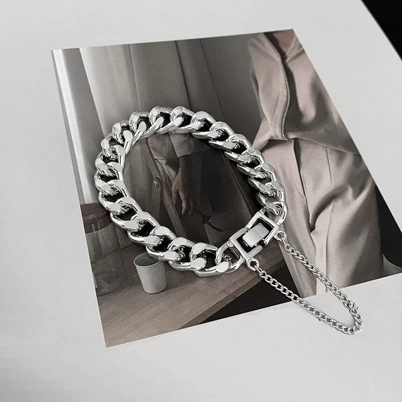 Kpop Stainless Steel Metal Chains Bracelets For Women Men Punk Sliver Cuban Link Chain Wristband Bracelet Classic Charms Jewelry 240423