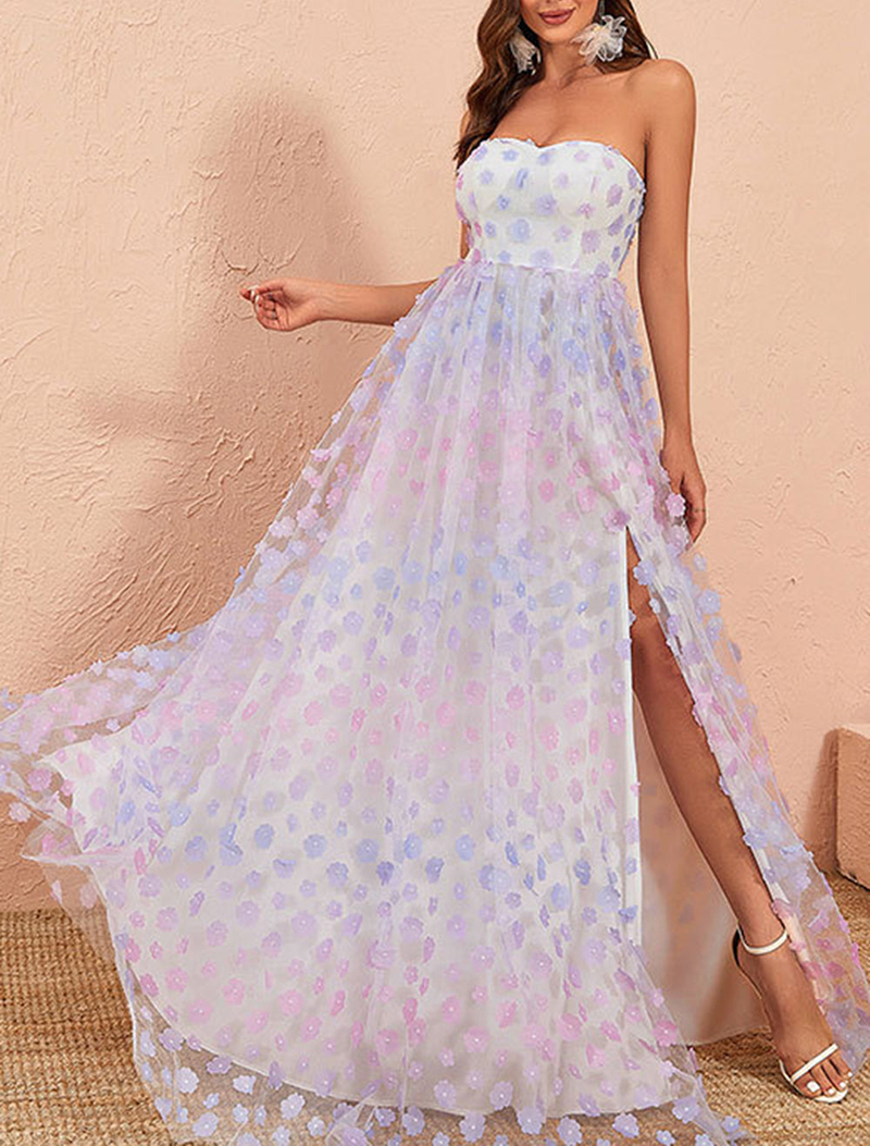 Summer A-Line Prom Strapless Sleeveless Floor Length Flowers Lace Side Split Ruffle Pick-ups Celebrity Evening Dresses Plus Size Custom Made B5007 050