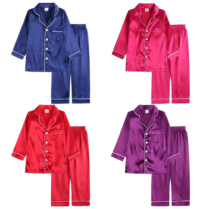 Summer Pajama Sets for Girls Silk Satin TopPant Long sleeve Solid Silky Pyjamas Nightgown Children Sleepwear for Boys Clothes 240506