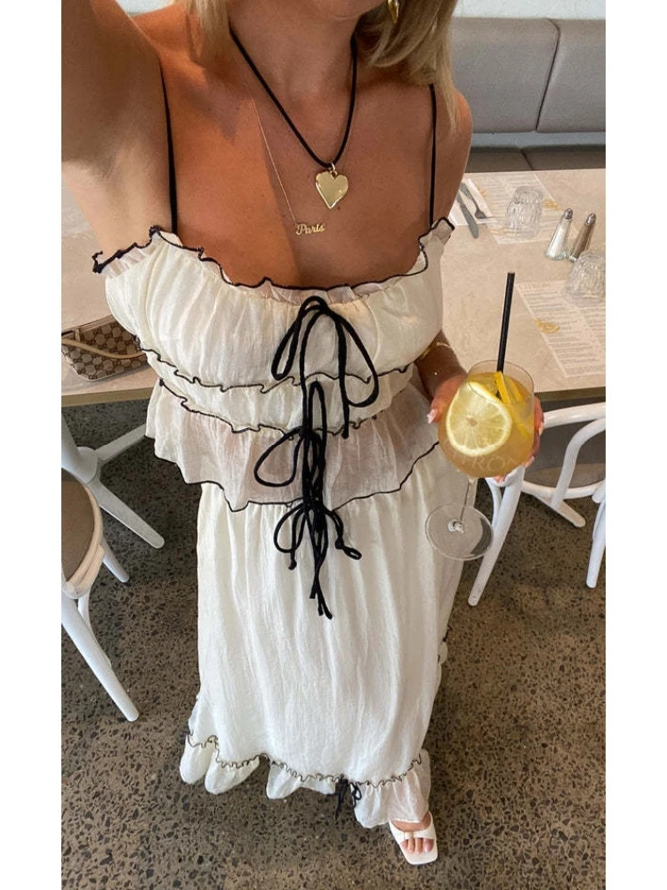 White Pleated Crop Tops Long Skirt Suit Women Chic Ruffles Lace Bandage Dress Set Summer Ladies Elegant 2 Piece Beach Outfit 240423
