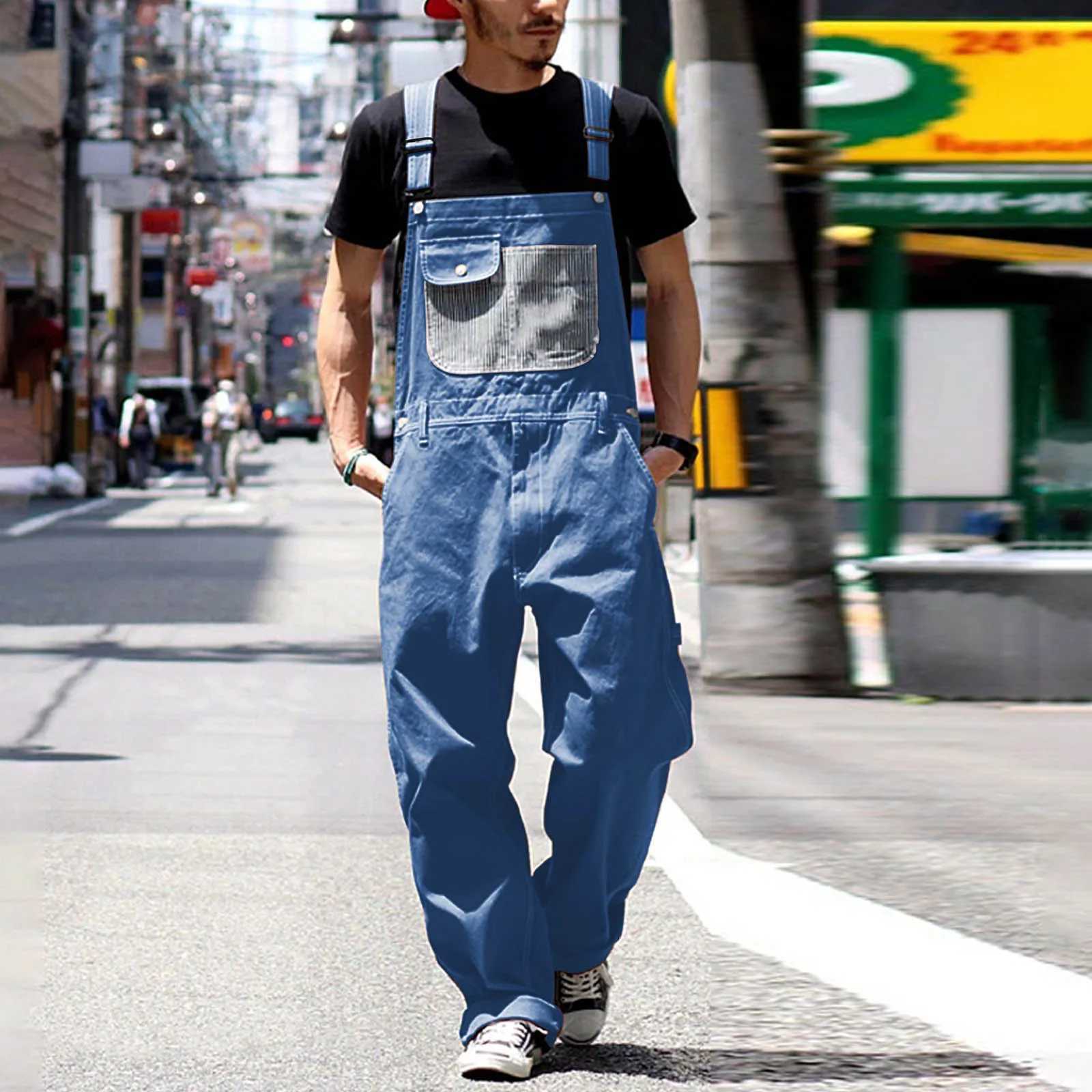Men's Pants Mens Trousers jumpsuit retro version pocket patch work one piece Trousers fashion casual oversized loose street clothing J240507