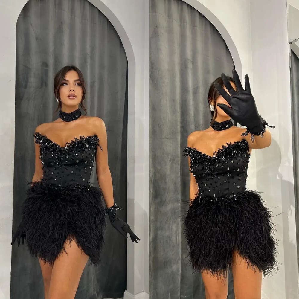 Prom Beads Gorgeous Sweetheart Dresses Sexy Sleeveless Sequins Applicant Feathers On Zipper Knee-Length Custom Made Party Dress Vestido De Noite Lz030