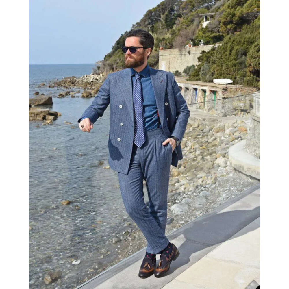 Wedding Suits Tuxedos Pieces Pattern Men Two Herringbone Classical Formal Suit Jacket Double Breasted Customized Peaked Lapel Pockets Bridegroom Coat 