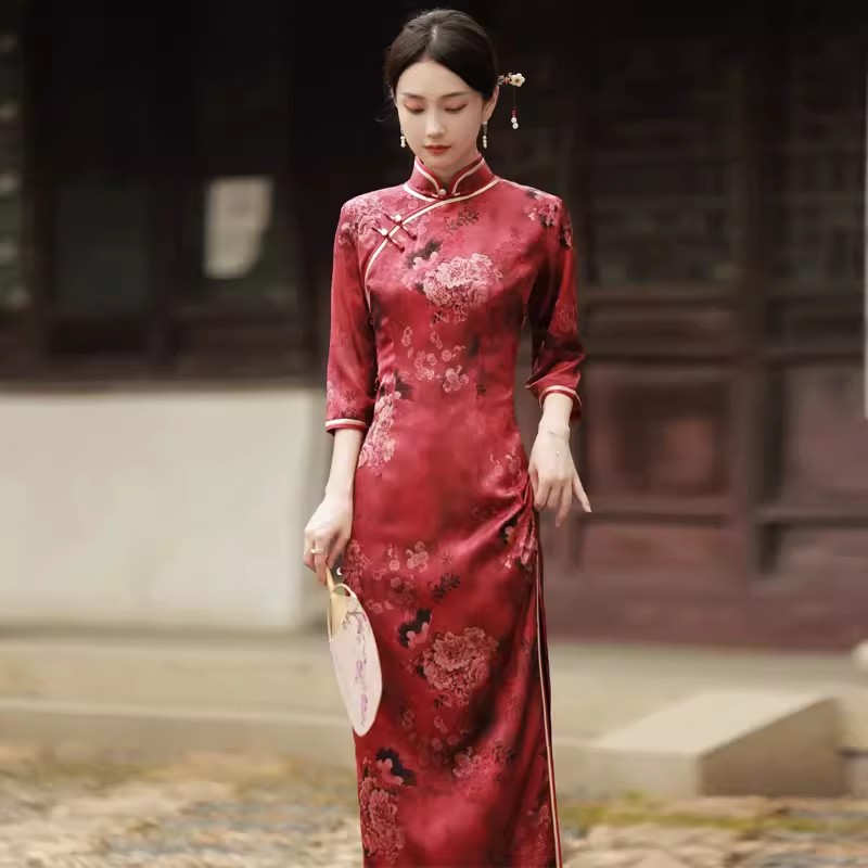 Trational Cheongsam Maxi Dress Sexy Long Split Chinese Qipao Slim Evening Party Dress