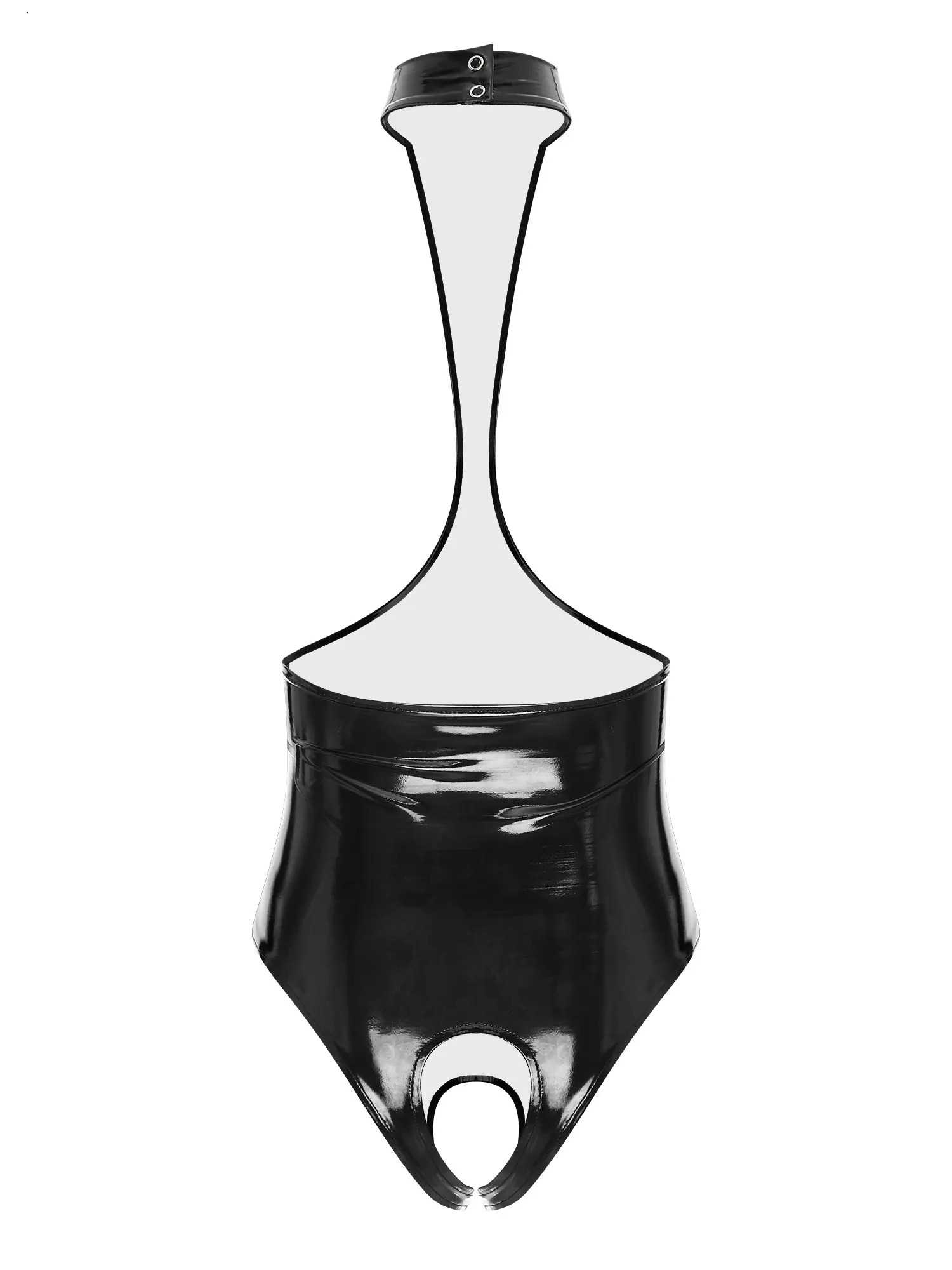 Womens Wet Look Patent Leather Bodysuit Sexy Open Chest Halter Leotard Backless Crotchless Latex Catsuit Lingerie Nightwear 240423