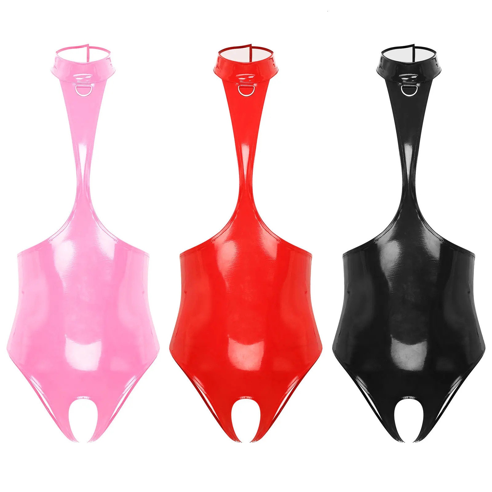 Womens Wet Look Patent Leather Bodysuit Sexy Open Chest Halter Leotard Backless Crotchless Latex Catsuit Lingerie Nightwear 240423