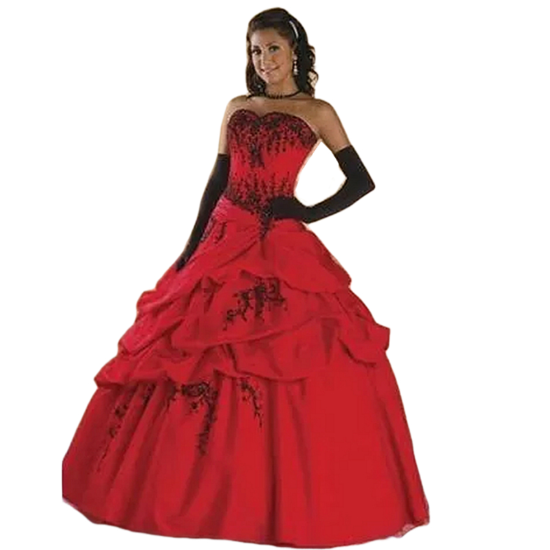 Ruched Red And Black Gothic Wedding Dresses Floor Length Sweetheart Vintage Wedding Gown Lace Appliques Sleeveless Back Lace-Up Plus Size Vestido De N