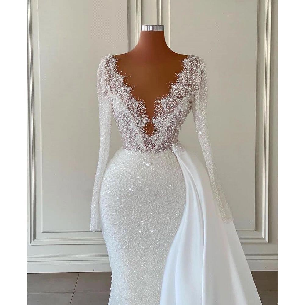 Sparkly Sexy Mermaid Wedding Dresses Pearls Beading Sheer V Neck Long Sleeve Beads Bridal Gowns Robe De Soiree BC