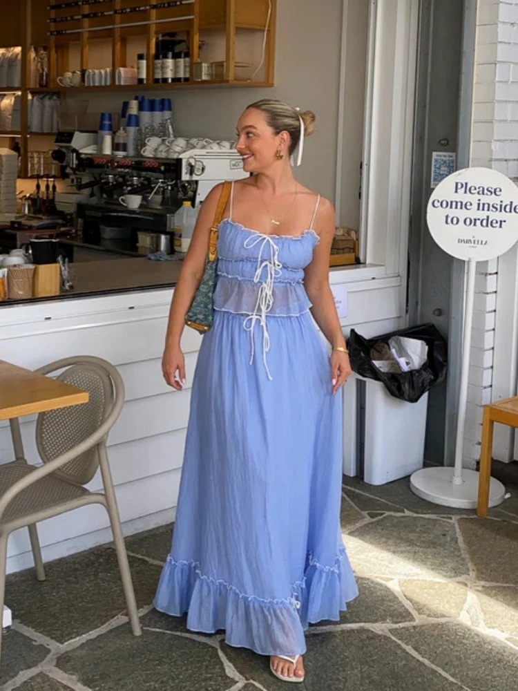 White Pleated Crop Tops Long Skirt Suit Women Chic Ruffles Lace Bandage Dress Set Summer Ladies Elegant 2 Piece Beach Outfit 240423