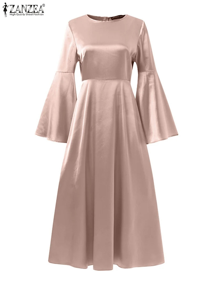 Spring Muslim TDress ZANZEA Women Elegant Long Flare Sleeve Satin Dress Casual Ramadan urkey Abaya Hijab Sundress Robe Femme 240506