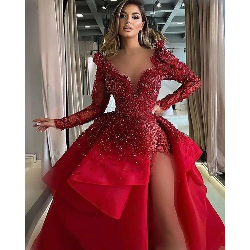 Mermaid Dresses Long V-Neck Sleeves Attractive Wedding Appliques Beads Side Split Extra Custom Made Plus Size Bridal Gown Vestidos De Novia 0227Lz