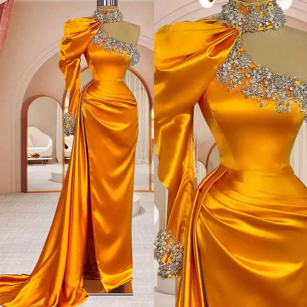 Neck One High Dresses Sleeve Mermaid Prom Attarctive Satin Beads Pearls Side Split Backless Court Gown Plus Size Custom Made Party Dress Vestido De No