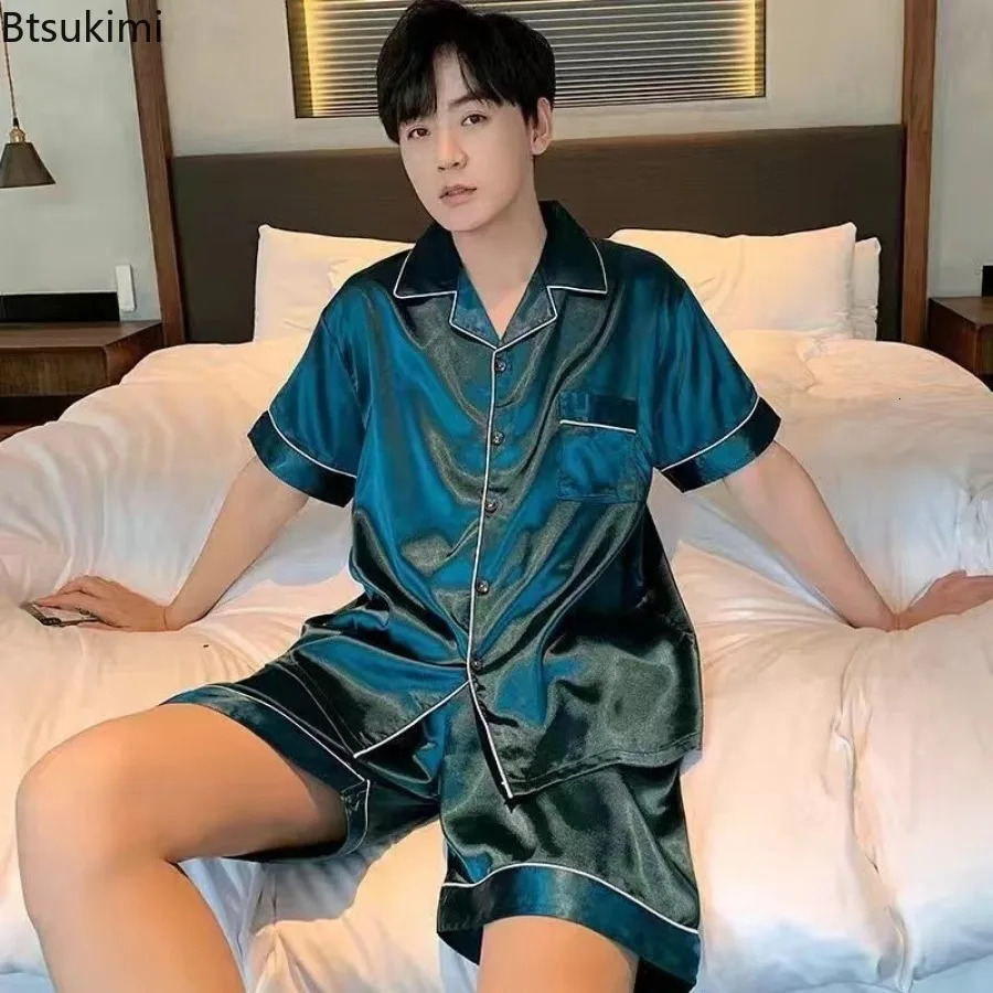 2024 Mens Casual Sleepwear Sets Silk Satin Pajamas Pants Set Button-Down Pyjamas Suit Pijama Male Loungewear Plus Size Pj Set 240428