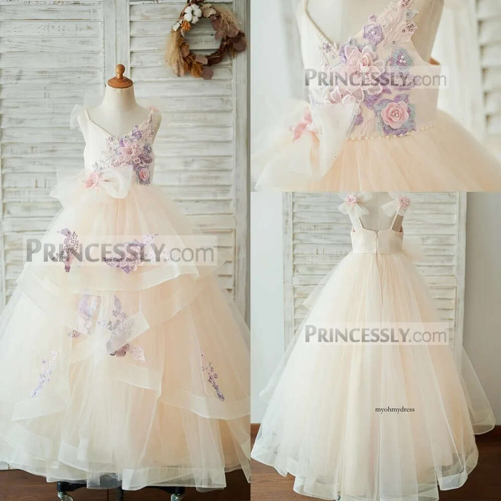 Newest A Line Girl Spaghetti Sleeveless Tulle Lace Hand Made Flower Pearls Wedding Dress Floor Length Girl's Birthday Part 0431