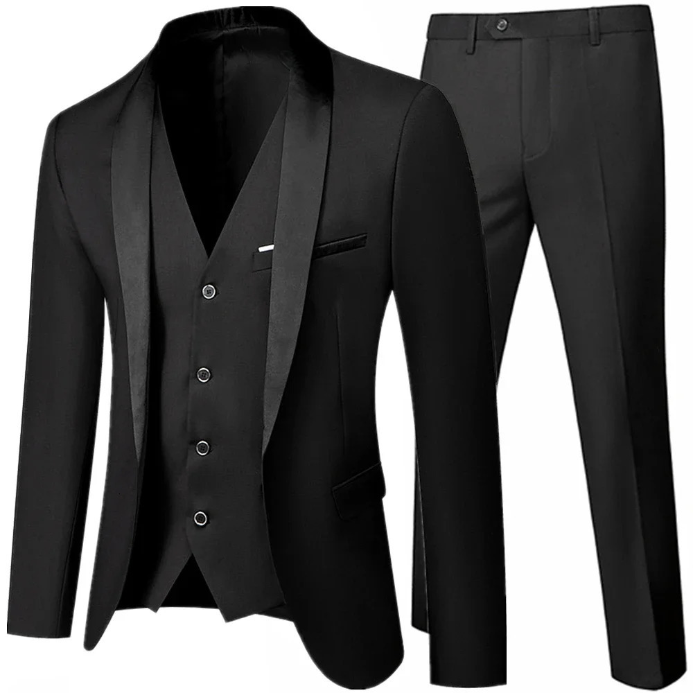 Black Men Autumn Wedding Party Three Pieces Set Large Size 5XL 6XL Male Blazer Coat Pants and Vest Fashion Slim Fit Suit 240430