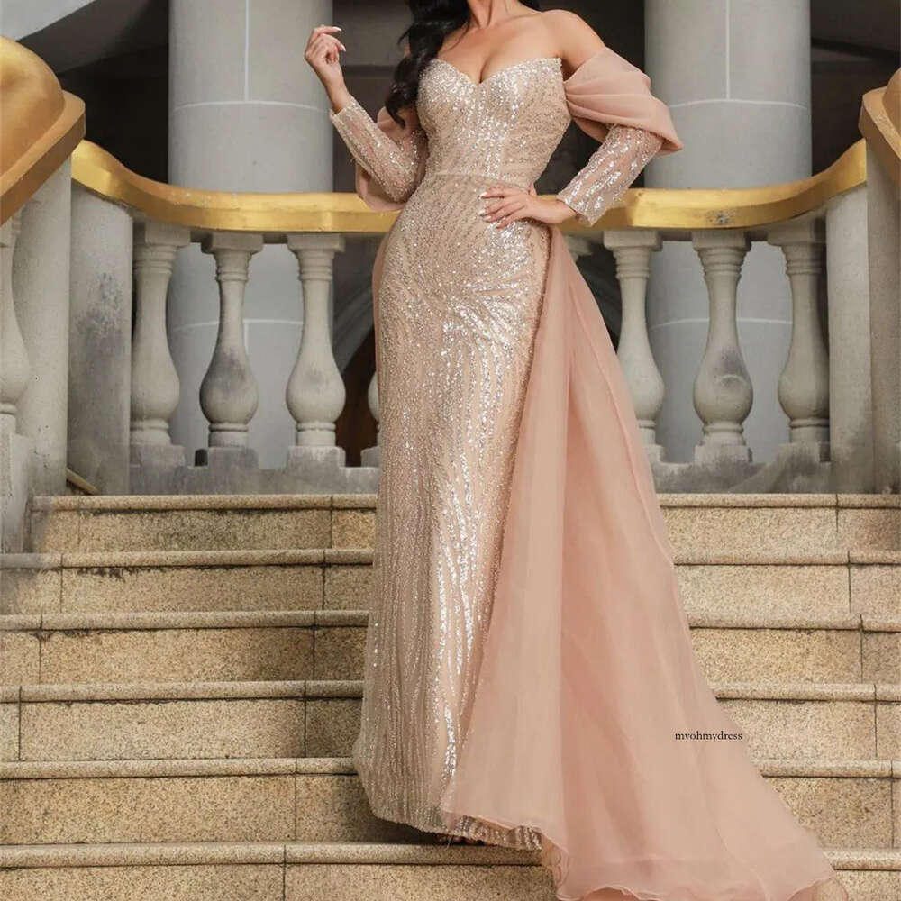 Elegant New Arrival Evening Dresses V Neck Long Sleeves Lace Backless Sexy Formal Shiny Sequins Appliques Detachable Train Prom Dress Plus Size Tailor