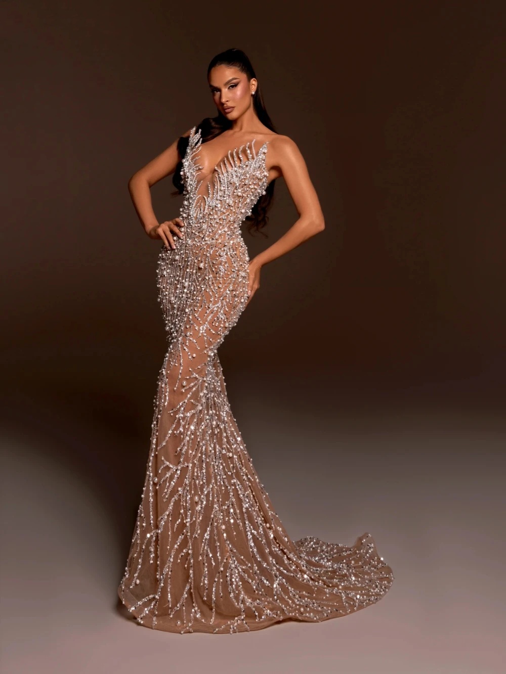 See Through Wedding Dresses Pearls Sequins Mermaid Bridal Gowns Strapless Beading Custom Made Sleeveless Lace Up Bride Dress Vestidos De Novia