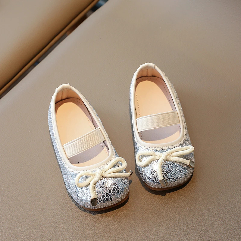 Girls Flat Shoes Sequins Bowknot Elastic Band Four Seasons Children Princess Shoe Square Toe 21-35 Six Colors Lovely Kids Shoe 240506