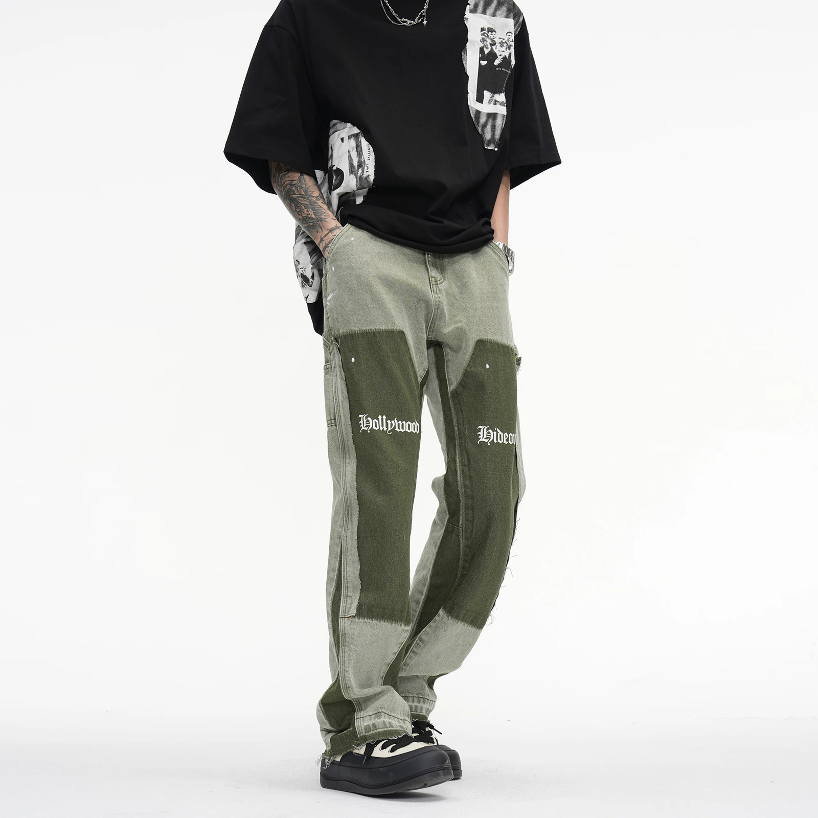 Vintage Distressed Graffiti Mens Flared Denim Jean Hip Hop Splash Ink Colorblocked Y2k Street Wear Casual Slim Fit Jean Man Pant 240428