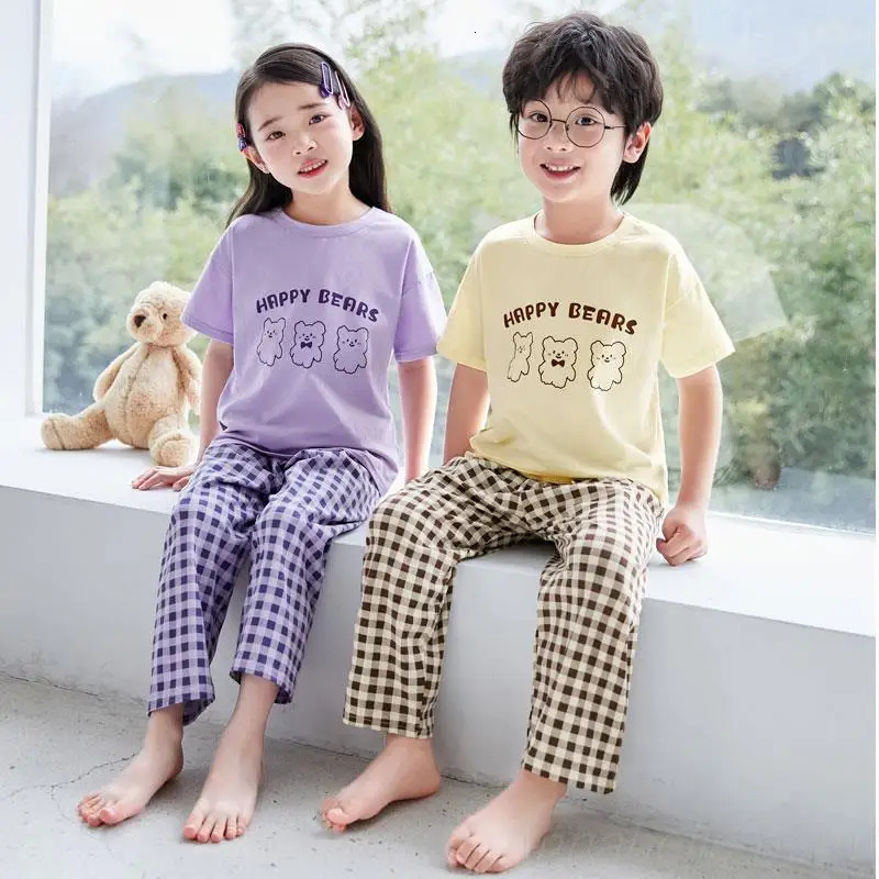 Thiny Yellow Brown Plaid Kids Pajamas Set for Baby Boys Girl 1 to 2 3 4 5 6 7 8 9 10 11 12 Year Plain Children Clothes Homewear 240506