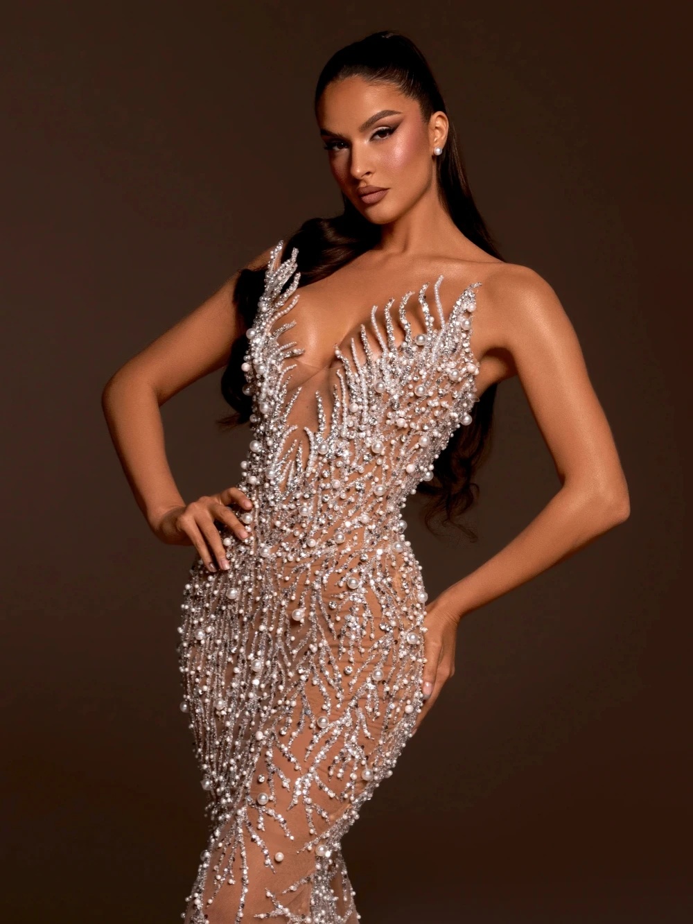 See Through Wedding Dresses Pearls Sequins Mermaid Bridal Gowns Strapless Beading Custom Made Sleeveless Lace Up Bride Dress Vestidos De Novia