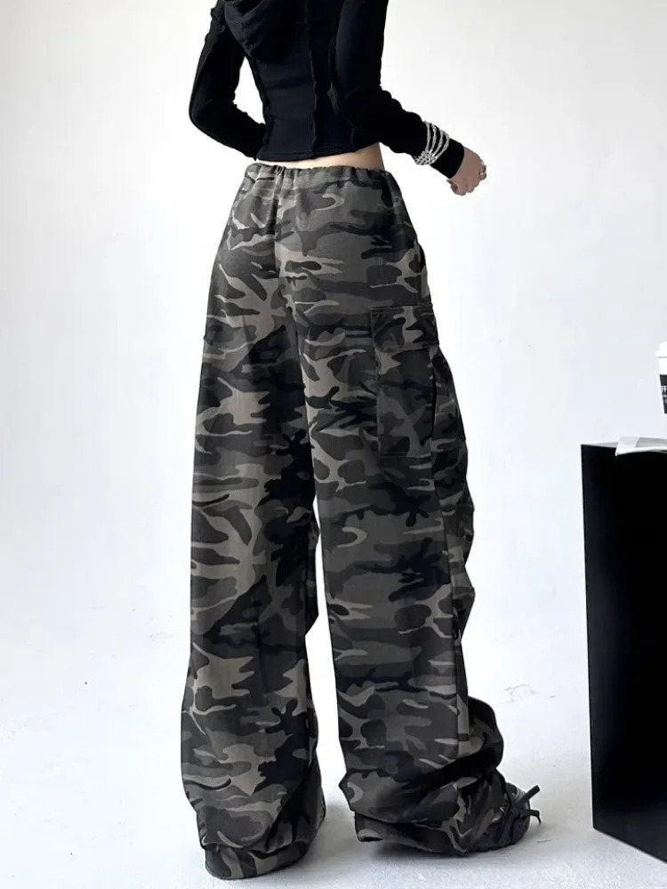 HOUZHOU camouflage cargo jeans for womens retro oversized hip-hop style bagged denim Trousers Korean Streetwear Y2k 90s camouflage pants 240426