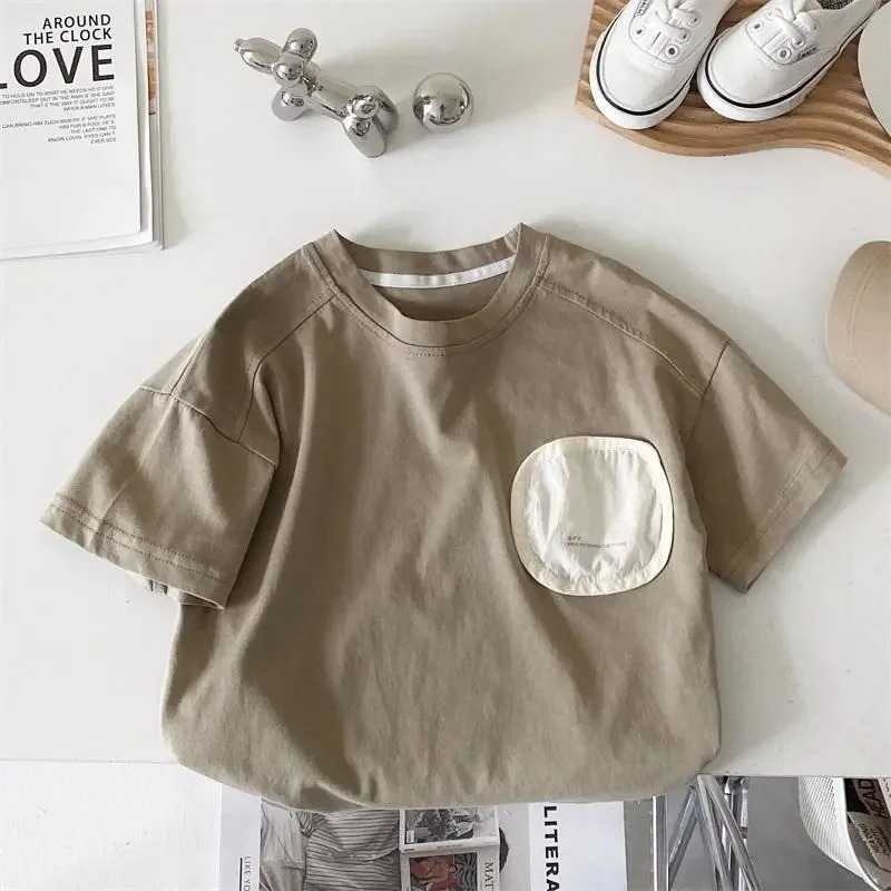 2024 Summer Boy Children Patch Hip Hop Short Sleeves T-shirt Girl Baby Loose Casual Tops Kid Cotton Tees Fashion Toddler Clothes 240506